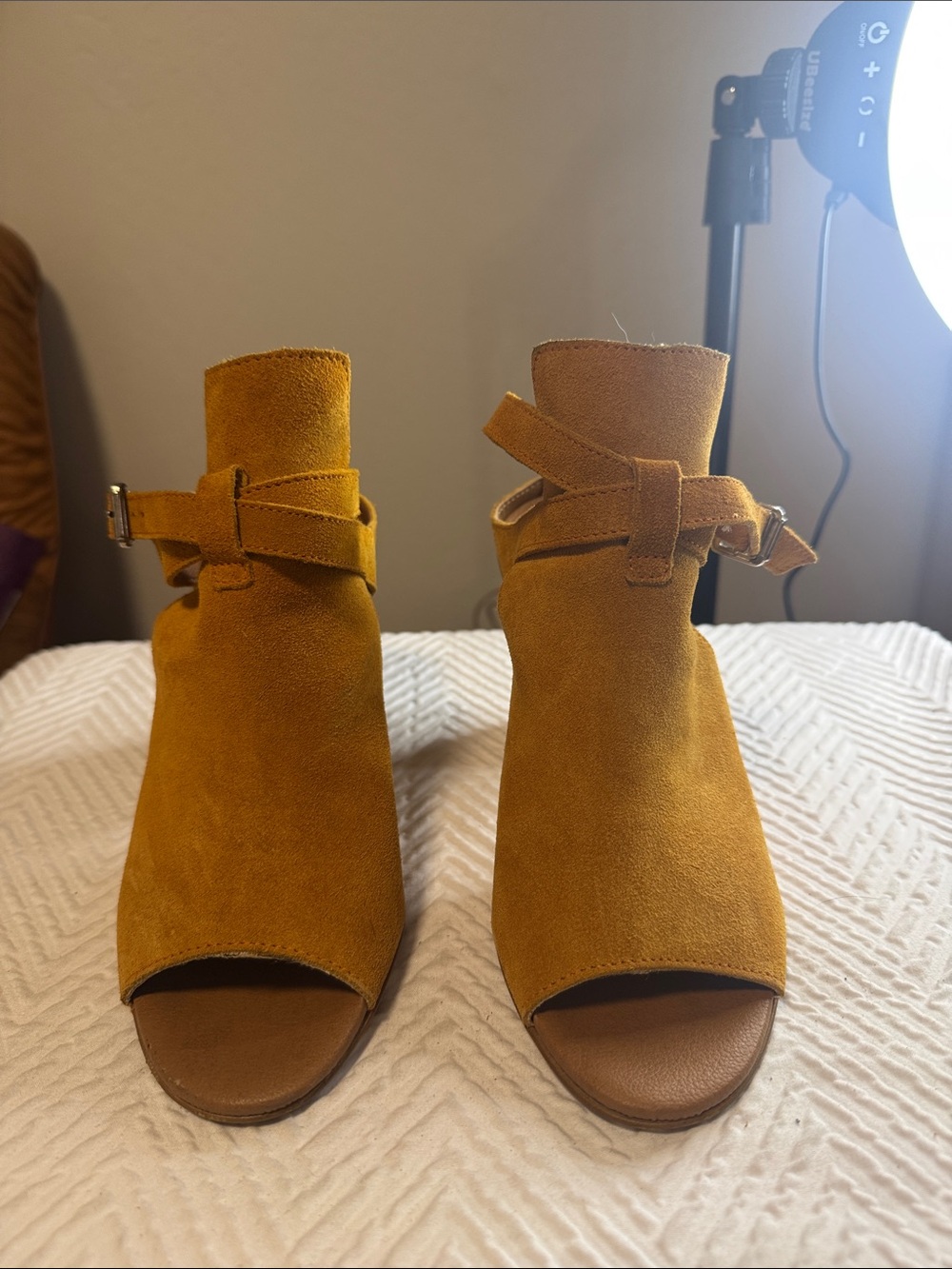 Topshop Mustard Suede Open-Toe Ankle Booties